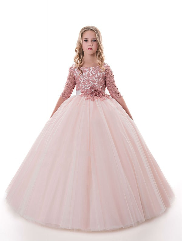 Lace Half Sleeve Girls Pink Party Gown Age 7-14 GCHK011