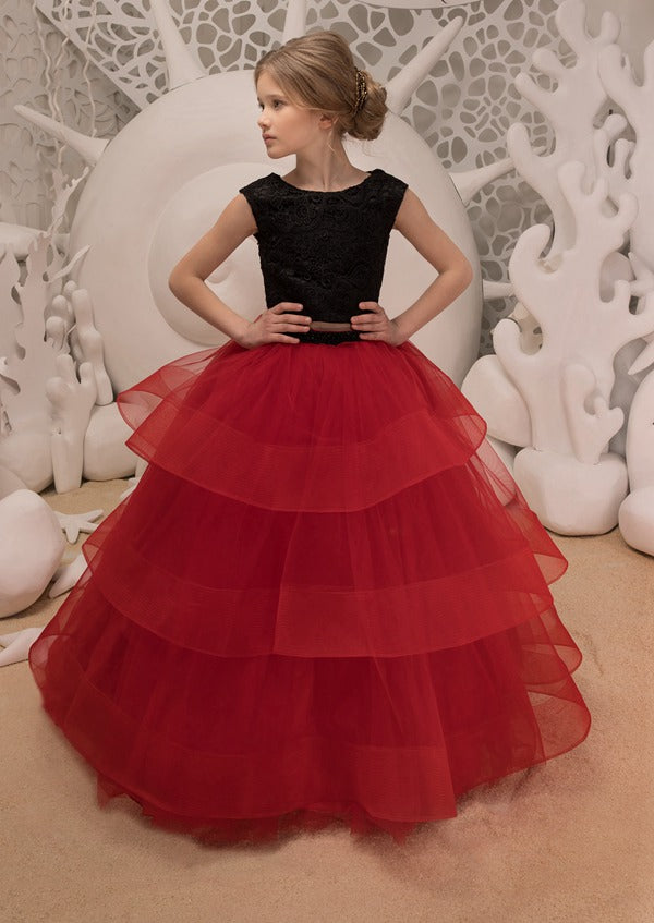 Black and Red Layered Ruffle Girls Party Gown GCHK039