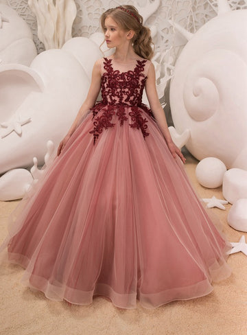 Lace Salmon Girls Party Gown GCHK041