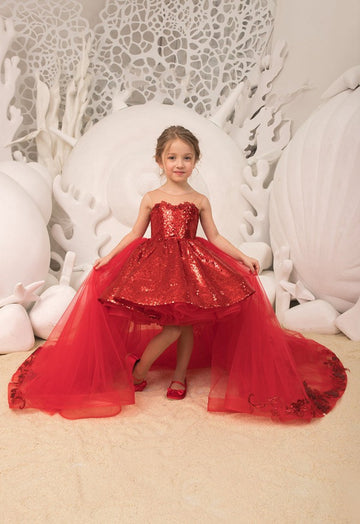 Red Kids Sparkly Sequin High Low Detachable Party Gown GCHK180