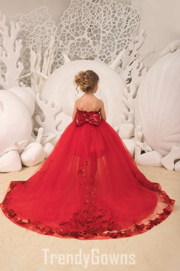 Red Kids Sparkly Sequin High Low Detachable Party Gown GCHK180
