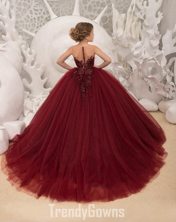 Kids Dark Burgundy Puffy Party Gown GCHK182