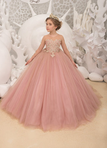 Kids Pink Long Sleeve Party Gown GCHK188