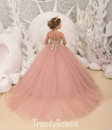 Kids Pink Long Sleeve Party Gown GCHK188