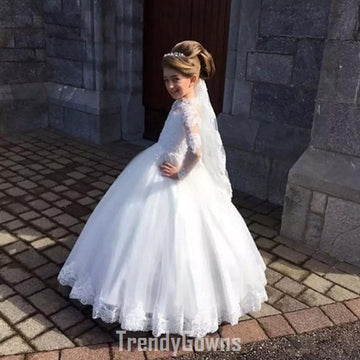 White Lace Kids Long Sleeve Ball Gown GCHK210