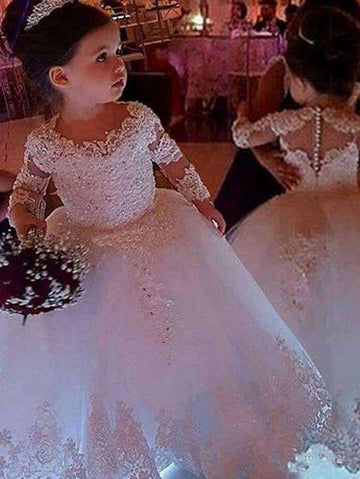 White Long Sleeve Lace Girls Party Gown GFGD514