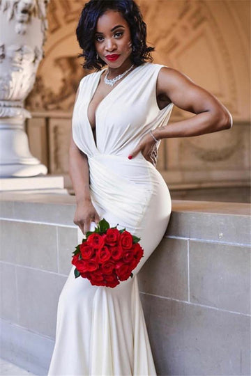 White Deep V Neck Straps Mermaid Prom Dress HS02244