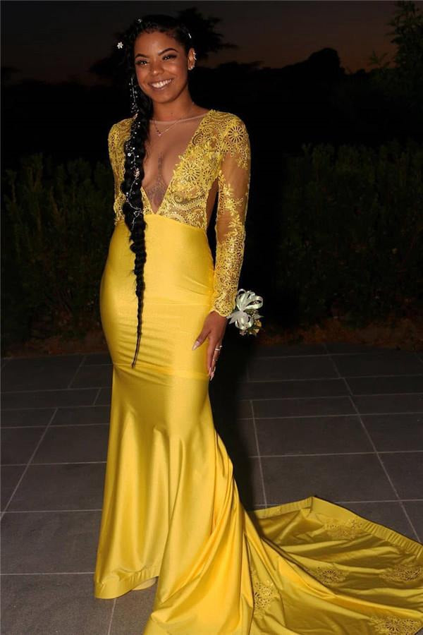 Mermaid Sexy Deep V-neck Transparent Long Sleeve Yellow Prom Dress JJ01834