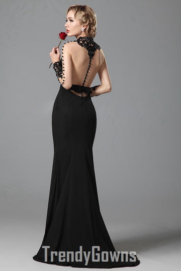 Trendy Black Vintage Long Sleeve High Neck Mermaid Evening Gown JT1311