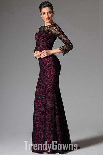 Elegant Vintage Black 3/4 Sleeve Lace Mermaid Evening Gown JT1318