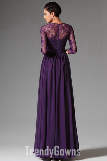 Elegant Vintage Purple V-neck 3/4 Sleeve Lace A-line Evening Gown JT1319