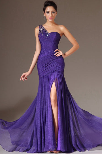 Trendy Regency Purple One Shoulder Slit Mermaid Evening Gown JT1326