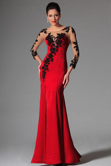 Trendy Red Vintage Long Sleeve Mermaid Evening Gown with Black Lace JT1357