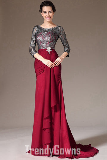 Classic Vintage Burgundy Half Sleeve Lace Appliques Mermaid Evening Gown JT1360