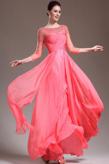 Vintage Pink Half Sleeve Beading A-line Evening Gown JT1361