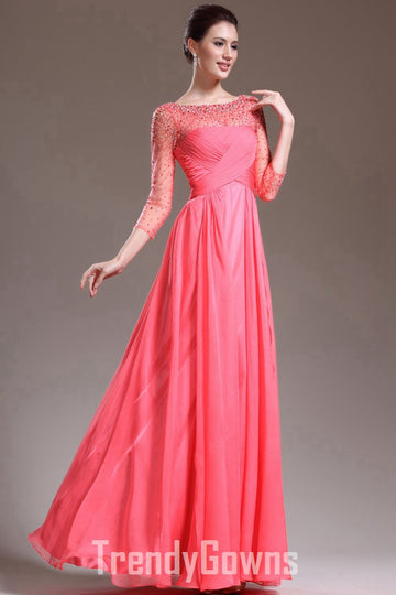 Vintage Pink Half Sleeve Beading A-line Evening Gown JT1361