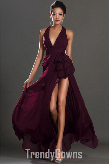 Trendy Dark Burgundy V-neck Chiffon Evening Gown JT1369