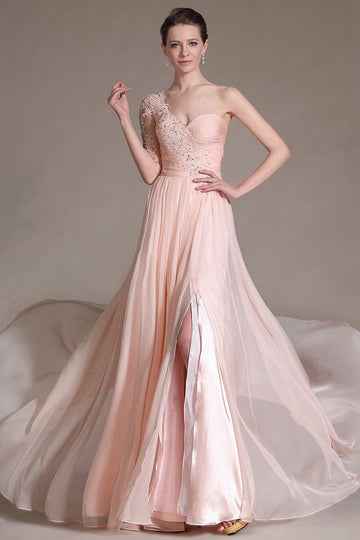 Trendy Pink A-line One Shoulder Sleeve Lace Appliques Chiffon Evening Gown JT1370