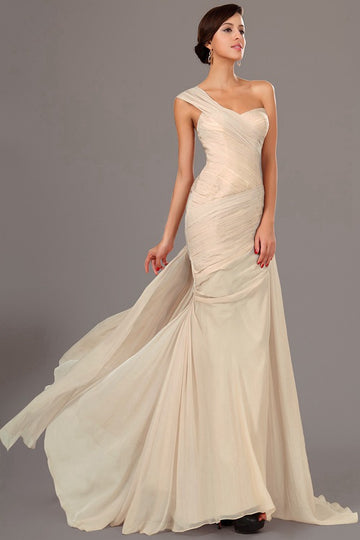 Trendy Light Champagne One Shoulder Chiffon Mermaid Evening Gown JT1380