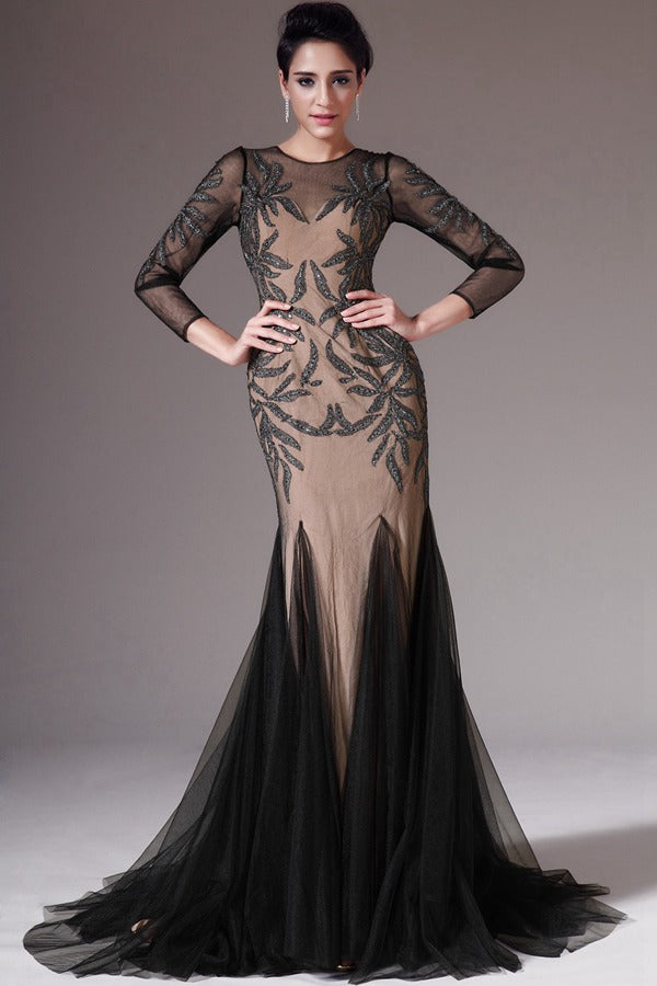 Classic Vintage Black Lace Appliques Long Sleeve Mermaid Evening Gown for Mother JT1386