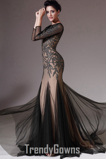 Classic Vintage Black Lace Appliques Long Sleeve Mermaid Evening Gown for Mother JT1386