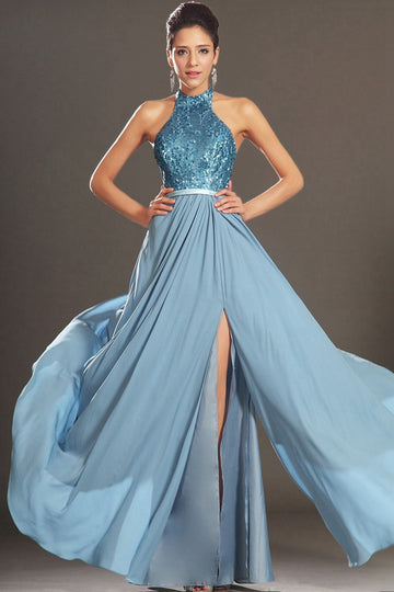 Trendy Blue Halter Sequin A-line Evening Gown JT1398