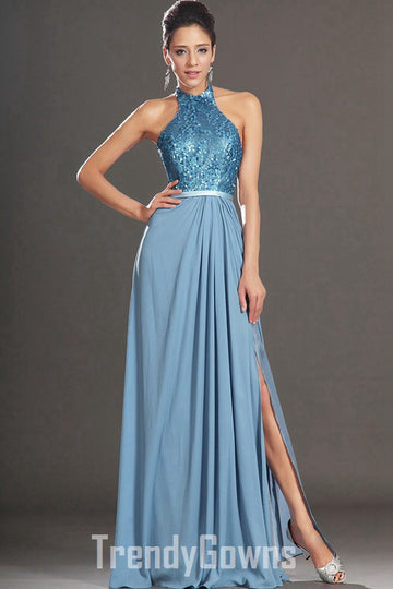 Trendy Blue Halter Sequin A-line Evening Gown JT1398