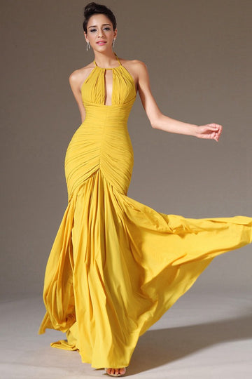 Trendy Yellow Halter Chiffon Mermaid Evening Gown JT1403