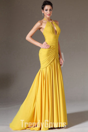 Trendy Yellow Halter Chiffon Mermaid Evening Gown JT1403