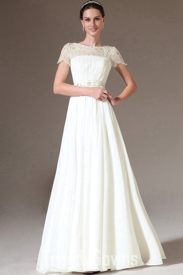 Unique Vintage White Short Sleeve Chiffon A-line Evening Gown JT1405