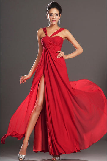 Trendy Red Chiffon Side Slit A-line Evening Gown JT1414