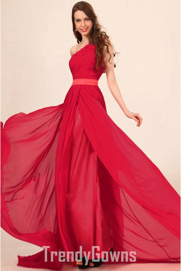 Trendy Red Chiffon One Shoulder A-line Evening Gown JT1415