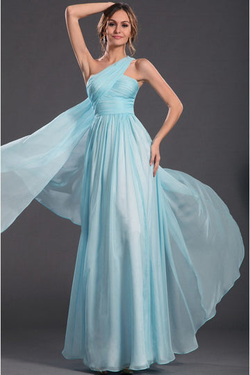Trendy Blue Chiffon One Shoulder A-line Evening Gown JT1416