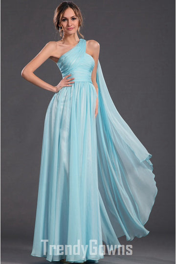 Trendy Blue Chiffon One Shoulder A-line Evening Gown JT1416