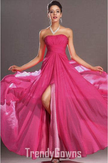 Trendy Fuchsia Chiffon Strapless A-line Evening Gown JT1417