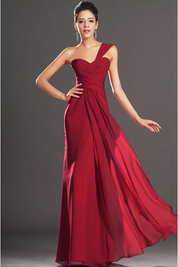 Trendy Burgundy One Shoulder Chiffon A-line Evening Gown JT1423