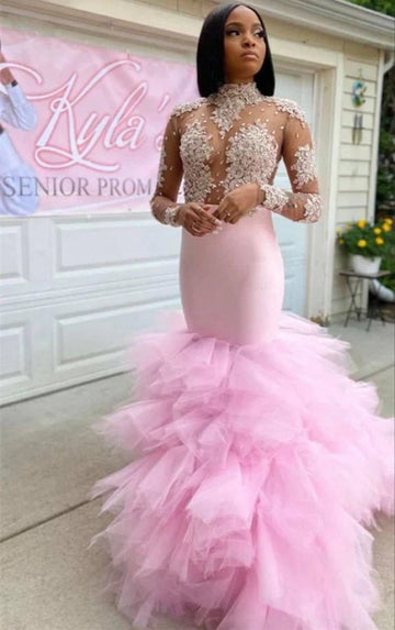 Pink Lace Beading High Neck Long Sleeves Mermaid Ruffles Prom Gown JTE634