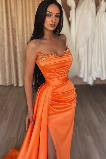 Trendy Orange Off-The-Shoulder Split Sheath Prom Dress JTE636