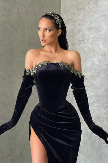 Trendy Black Velvet Long Sleeve Off-the-shoulder Mermaid Evening Gowns JTE641