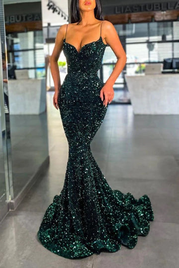 Trendy Spaghetti-Straps Dark Green Sequins Mermaid Evening Gowns JTE644