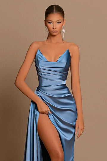 Trendy Dusty Blue Sweetheart Slit Mermaid Evening Gowns JTE645