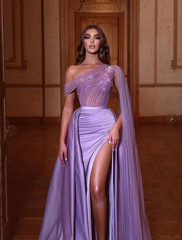 Trendy Lilac One Shoulder Split Mermaid Prom Dress JTE654