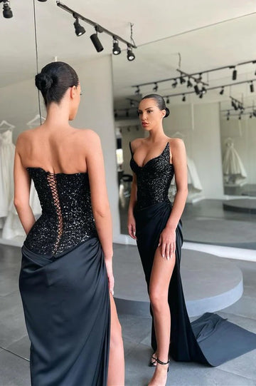 Black Sexy High Split Sequined Prom Dress JTE656
