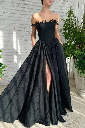Trendy A-line Black Applique Off-the-shoulder Split Prom Dress JTE660
