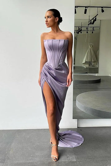 Trendy Sky Blue Strapless Slit Prom Dress JTE665