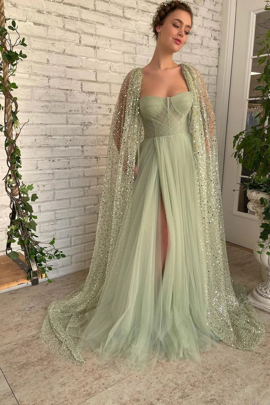 Trendy Dusty Green A-line Sweetheart High Split Prom Dress JTE668 with Shawl