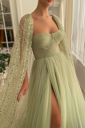 Trendy Dusty Green A-line Sweetheart High Split Prom Dress JTE668 with Shawl
