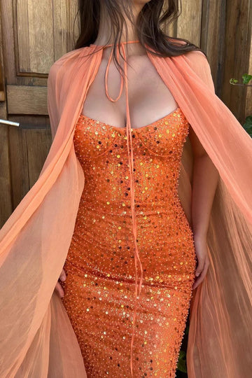 Trendy Orange V-neck Sequined Mermaid Prom Dress JTE669 with Shawl