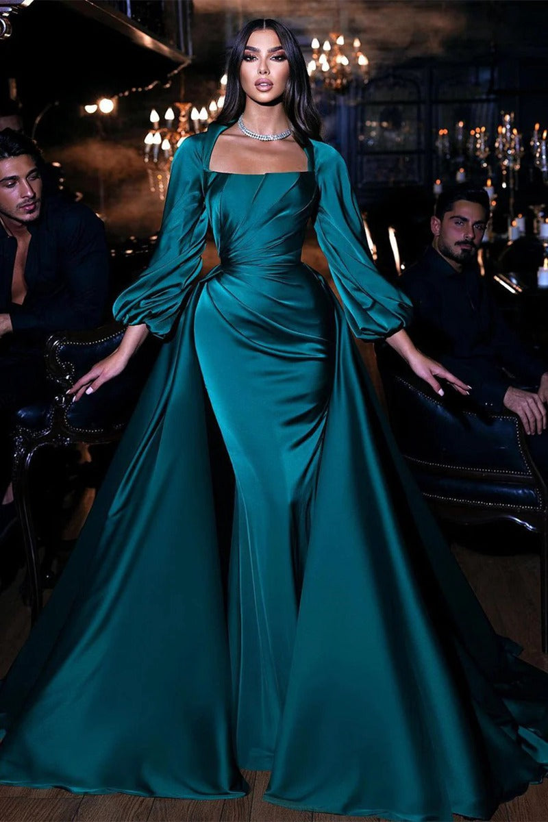 Trendy Ink Blue Long Sleeve Detachable Train Mermaid Prom Dress JTE671