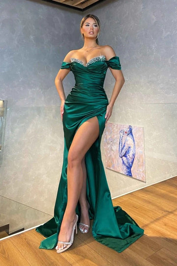 Trendy High Split Plus Off The Shoulder Dark Green Sparkle Mermaid Prom Dress JTE673